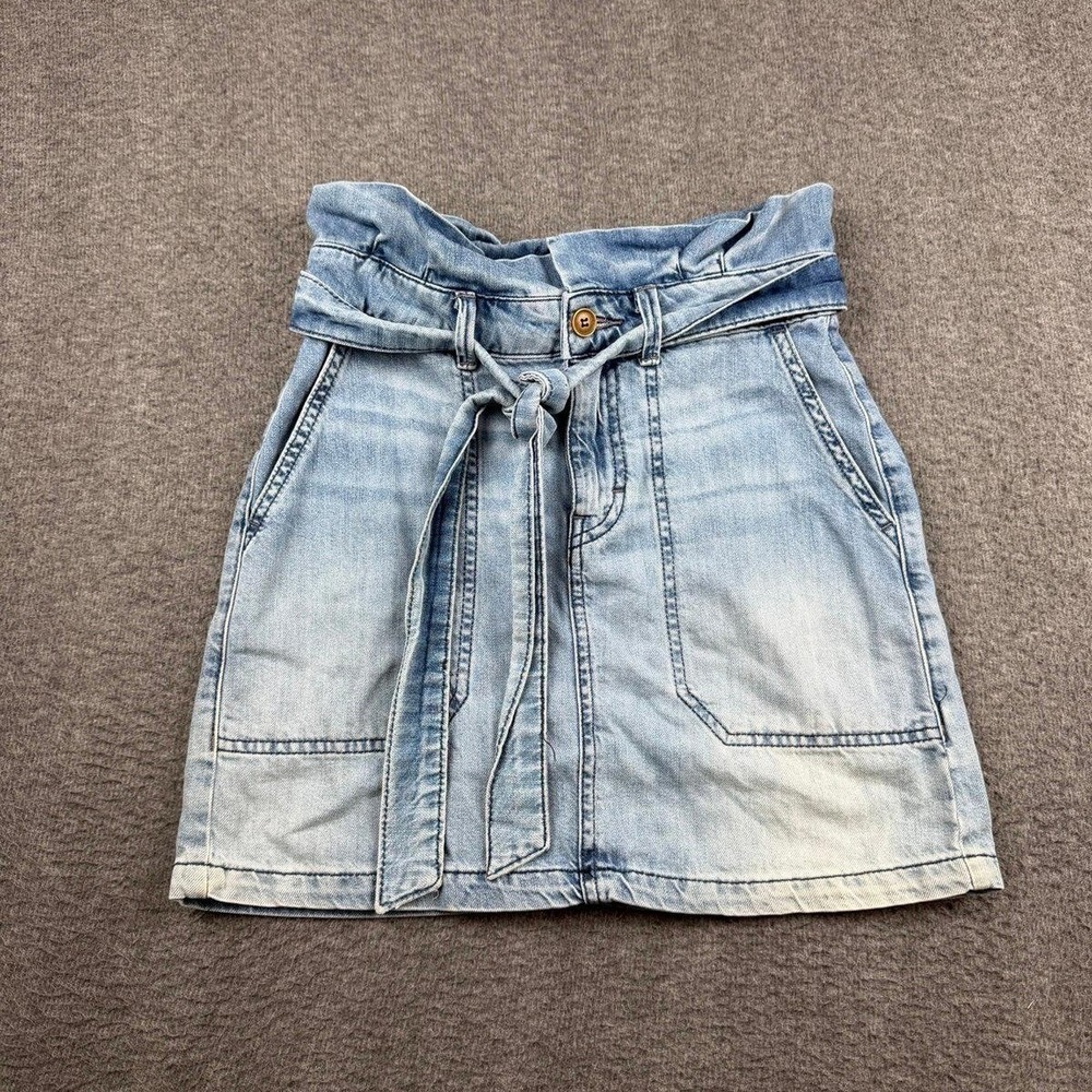 Free People‎ Women's 0 Blue Jean Skirt Belted High Waist Ruffle Mini Boho